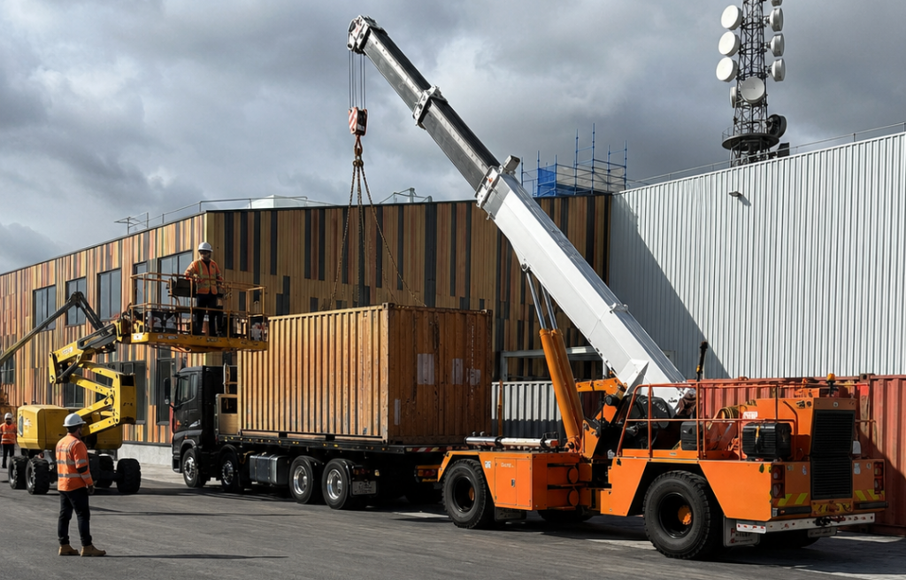 Shipping container being loaded onto a heavy transport truck by mobile crane in Melbourne